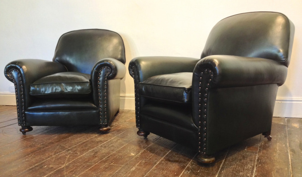 Antique Green Leather Restored Leather Chairs